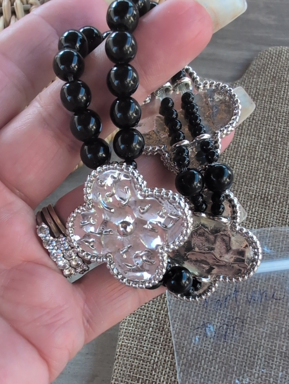 Park Lane Fortune Quatre Foil Silver Disks Stretch Bracelet with Black Beads - Picture 4 of 4